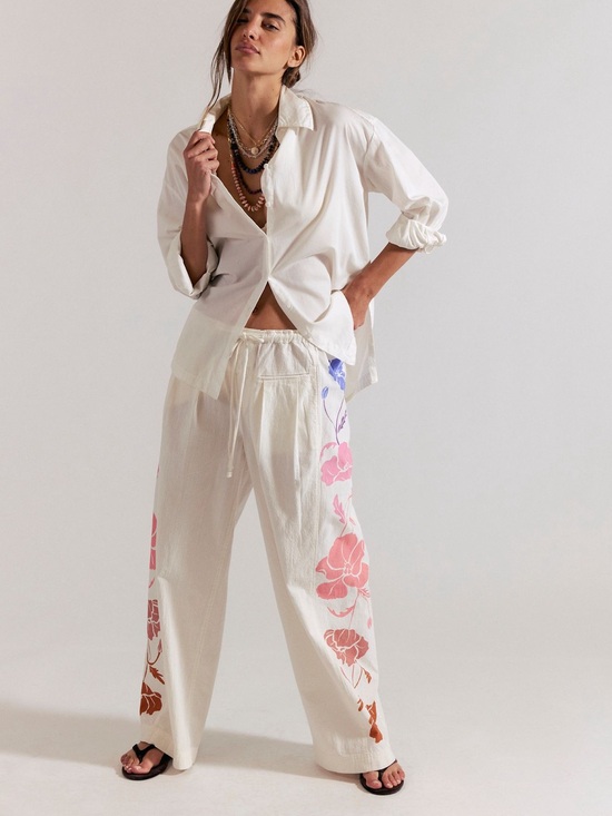 We The Free Pants - Anthropologie White Wide-Leg Drawstring Pants with Pink & Brown Floral Print